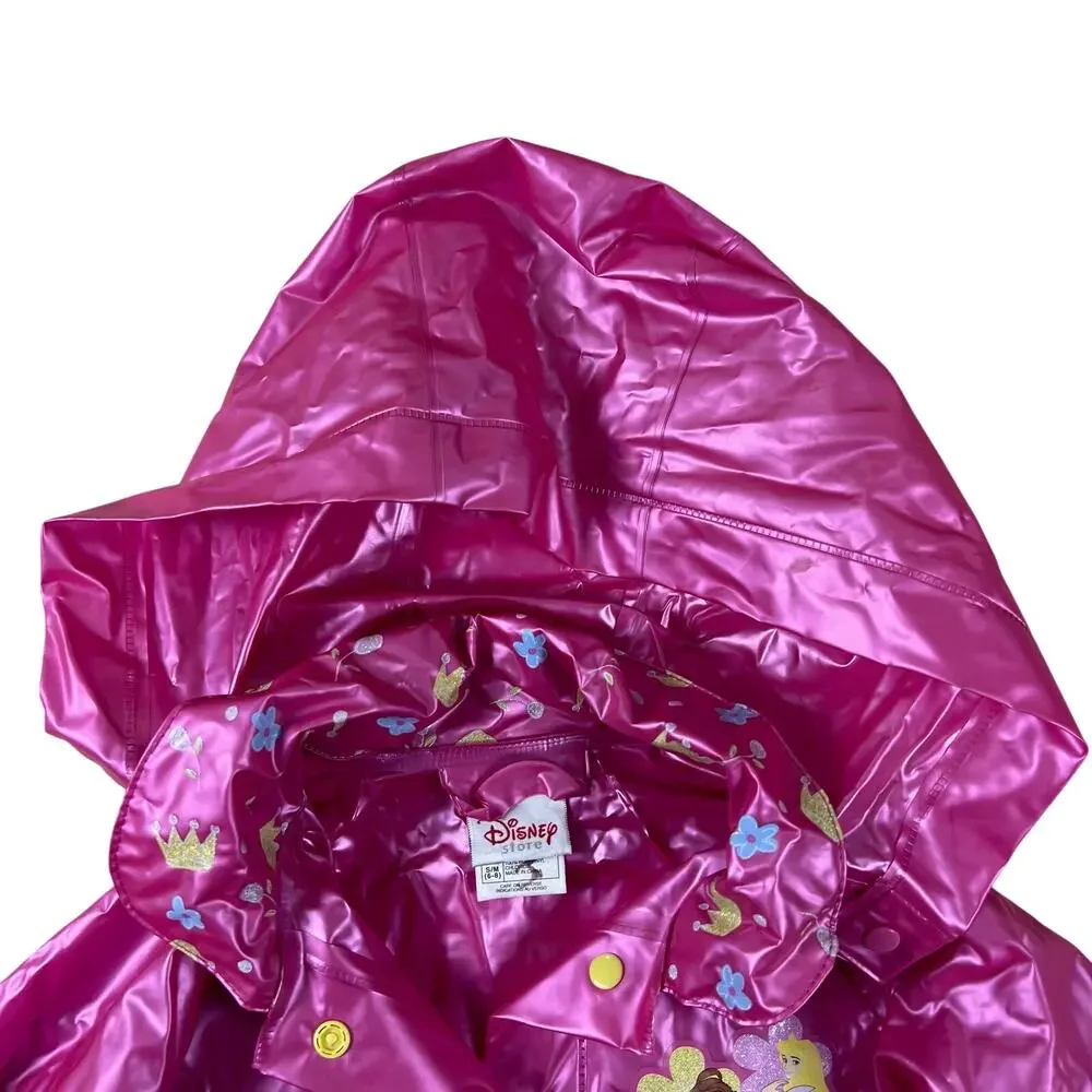 Vintage Y2K Disney Store Princess Pink Vinyl Raincoat Hood Belle Cinderella S/M